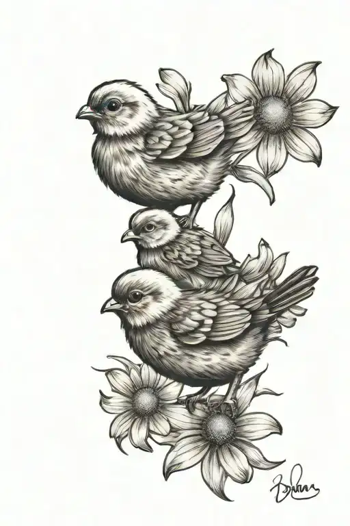 baby chicks running through daisies with bees flying around tattoo design idea