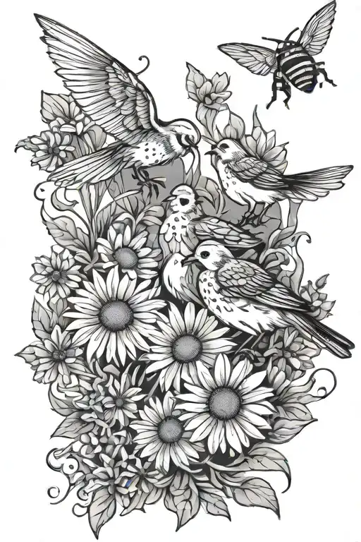 chicks playing in daisies with bees flying around tattoo design idea