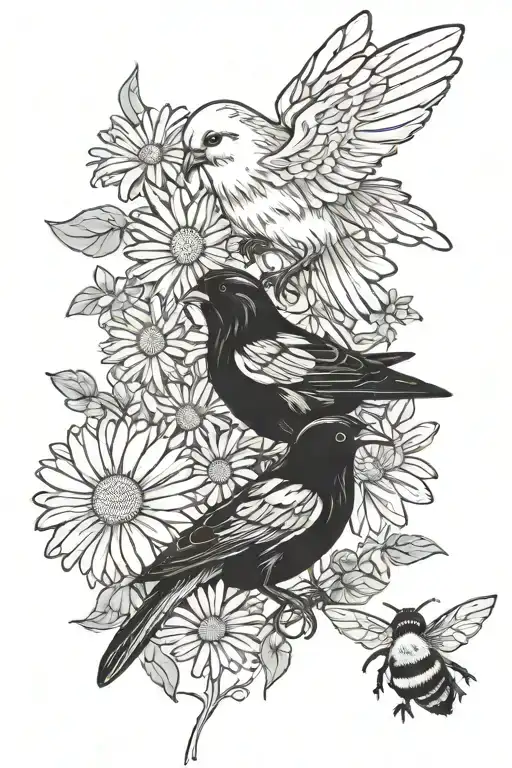 chicks playing in daisies with bees flying around tattoo design idea