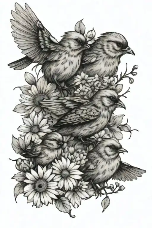 chicks playing under daisies with bees flying around tattoo design idea