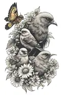 chicks playing under daisies with bees flying around tattoo design idea