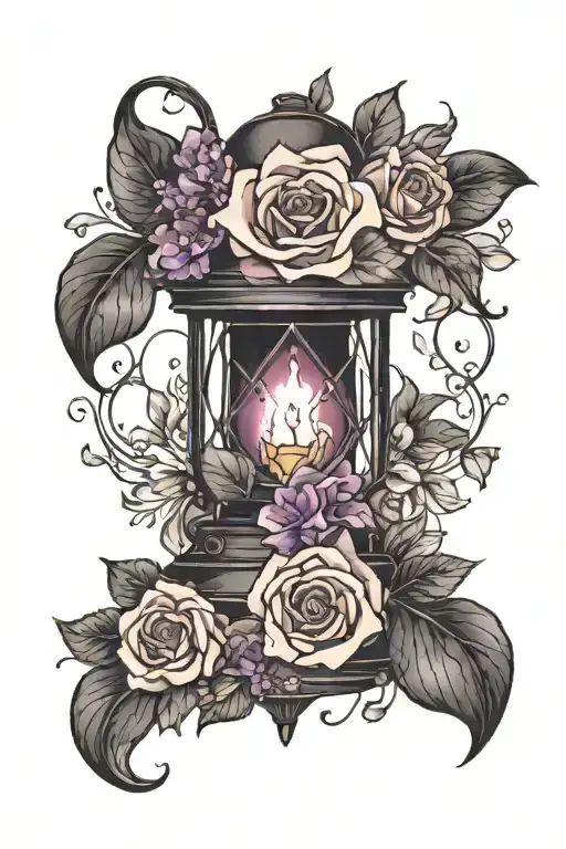 Black lantern with amethyst, pearl, alexandrite and moonstone crystals entwined in Violets tattoo design idea
