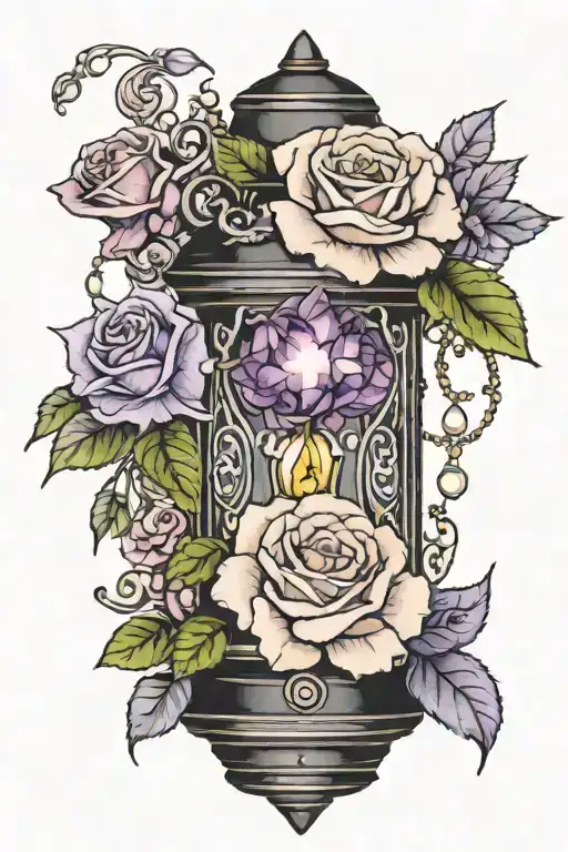 Black lantern with amethyst, pearl, alexandrite and moonstone crystals entwined in Violets, rose tattoo design idea