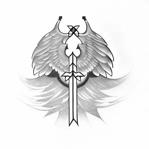 forearm arrow with stoic virtues as tail feathers and shaft of arrow says ta eph'hemin, ta ouk eph'hemin tattoo design idea
