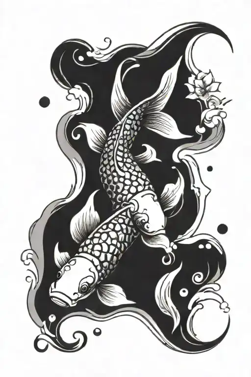 Japanese koi fish swimming in a traditional watercolor wave design tattoo design idea