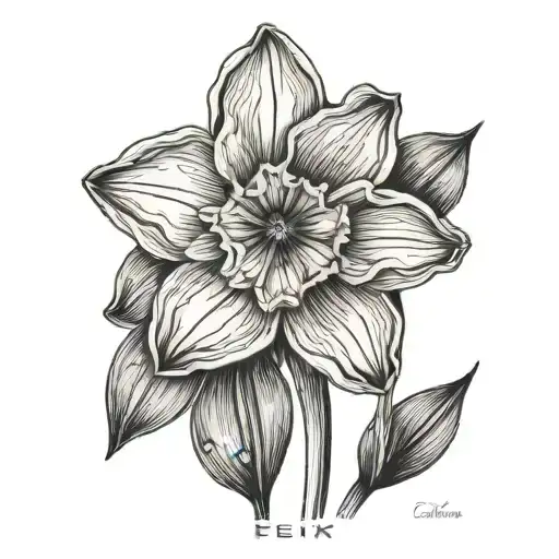fine line tattoo of a narcissus flower with the name felix as the stem tattoo design idea