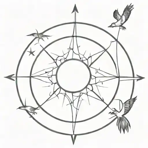 I want a small, north east south west compass symbol, with 4 or 5 all black bird silhouettes flying upwards out of it tattoo design idea