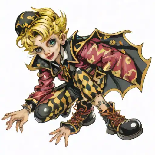 blonde boy in glittery jester outfit tattoo design idea