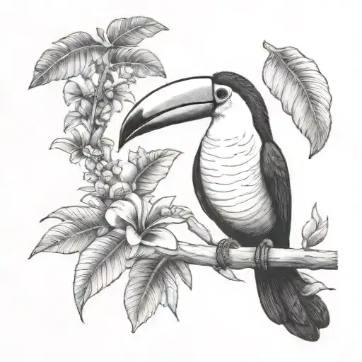 small Toucan tattoo with ecuador Amazon rainforest scene tree and flowers tattoo design idea