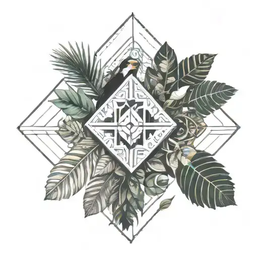 Amazon rainforest, toucan in middle, Ecuador, tropical trees and flow diagram tattoo design idea