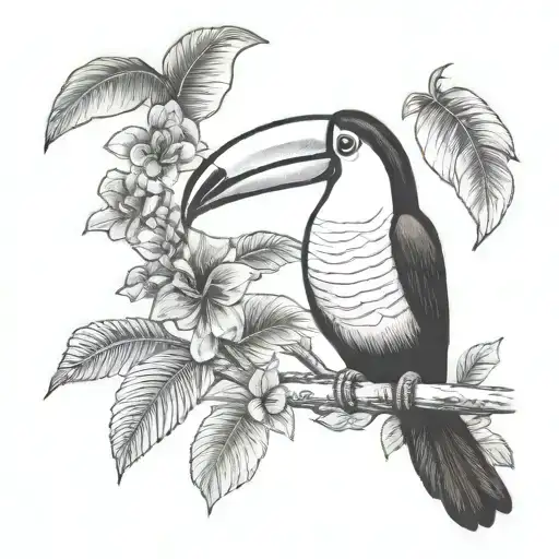 small Toucan tattoo with ecuador Amazon rainforest tribal scene tree and flowers tattoo design idea