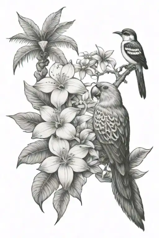small botainical tatoo with ecuador Amazon rainforest lots of tree and tropical flowers scene tattoo design idea