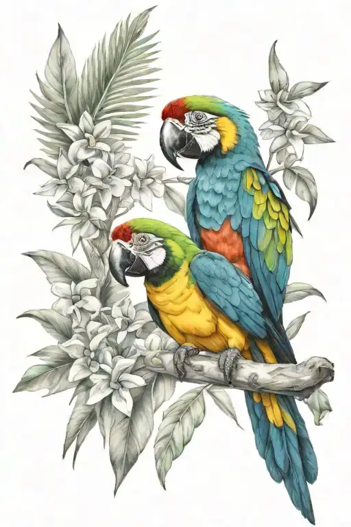 small macaw tattoo with ecuador Amazon rainforest lots of tree and tropical flowers scene tattoo design idea