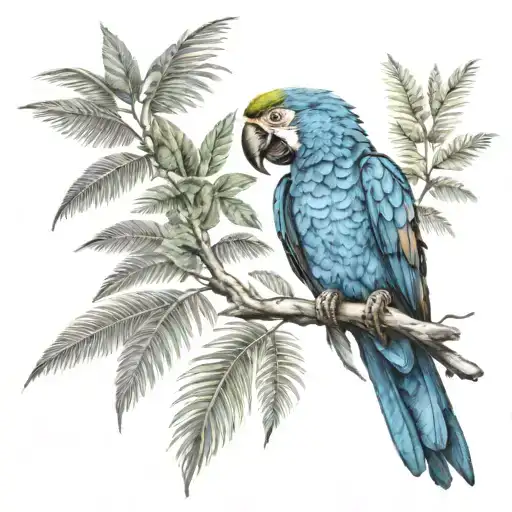 small macaw tattoo with ecuador Amazon rainforest tree scene tattoo design idea