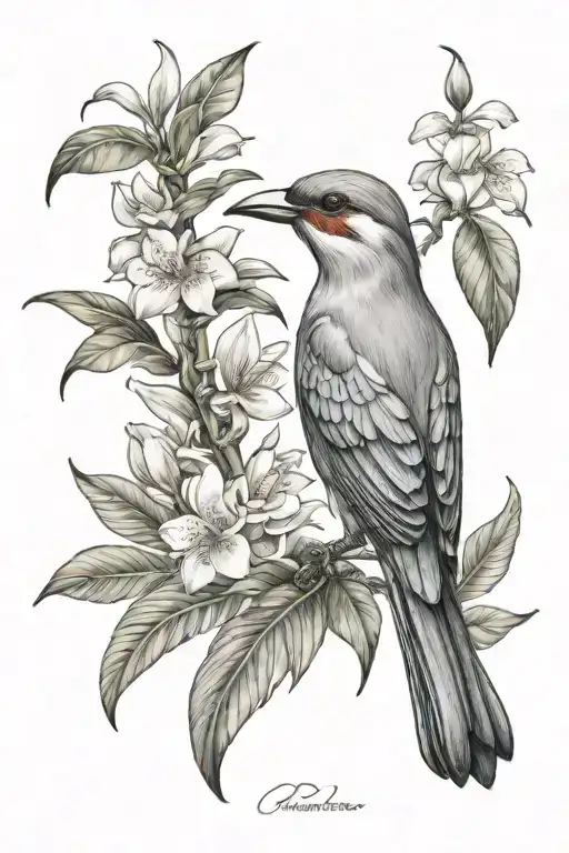 small bird tattoo with ecuador Amazon rainforest lots of tree and tropical flowers scene tattoo design idea