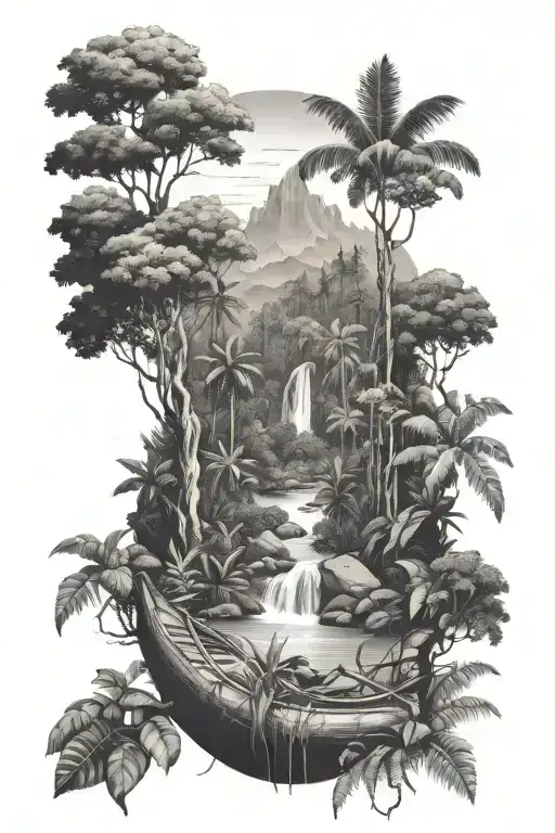 rainforest landscape tattoo featuring canoe  tattoo design idea
