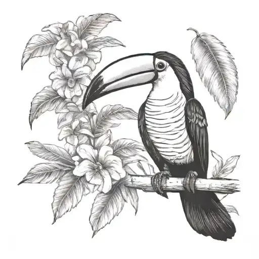 small Toucan tattoo with ecuador Amazon rainforest tribal scene full of tree and flowers tattoo design idea