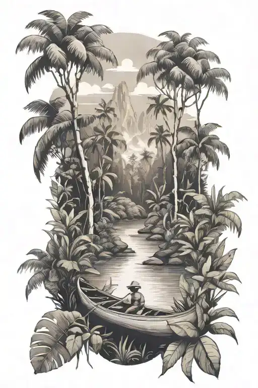 rainforest landscape tattoo featuring canoe  tattoo design idea
