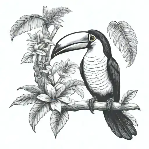 small Toucan tattoo with ecuador Amazon rainforest scene tree and flowers tattoo design idea