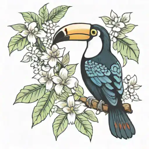 small Toucan tattoo with ecuador Amazon rainforest tribal scene full of tree and flowers tattoo design idea