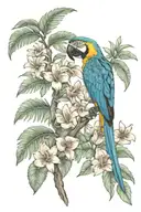 small macaw tattoo with ecuador Amazon rainforest tree and tropical flowers scene tattoo design idea