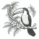 small Toucan tattoo with ecuador Amazon rainforest tribal scene full of tree and flowers tattoo design idea