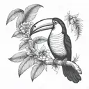 small Toucan tattoo with ecuador Amazon rainforest tribal scene full of tree and flowers tattoo design idea