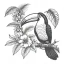 small Toucan tattoo with ecuador Amazon rainforest tribal scene full of tree and flowers tattoo design idea