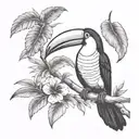 small Toucan tattoo with ecuador Amazon rainforest tribal scene full of tree and flowers tattoo design idea