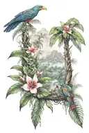 small botainical tatoo with ecuador Amazon rainforest lots of tree and tropical flowers scene tattoo design idea