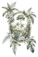 small botainical tatoo with ecuador Amazon rainforest lots of tree and tropical flowers scene tattoo design idea
