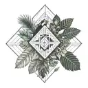 Amazon rainforest, toucan in middle, Ecuador, tropical trees and flow diagram tattoo design idea