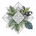 Amazon rainforest, toucan in middle, Ecuador, tropical trees and flow diagram tattoo design idea