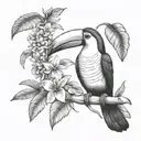 small Toucan tattoo with ecuador Amazon rainforest tribal scene lots of tree and flowers tattoo design idea