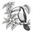 small Toucan tattoo with ecuador Amazon rainforest tribal scene lots of tree and flowers tattoo design idea
