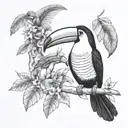 small Toucan tattoo with ecuador Amazon rainforest tribal scene lots of tree and flowers tattoo design idea