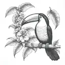 small Toucan tattoo with ecuador Amazon rainforest tribal scene lots of tree and flowers tattoo design idea