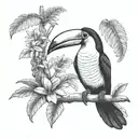 small Toucan tattoo with ecuador Amazon rainforest scene tree and flowers tattoo design idea
