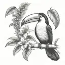small Toucan tattoo with ecuador Amazon rainforest scene tree and flowers tattoo design idea