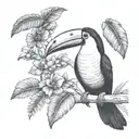 small Toucan tattoo with ecuador Amazon rainforest scene tree and flowers tattoo design idea