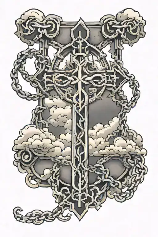Cross with yankee chain wrapped around and clouds above the cross  tattoo design idea