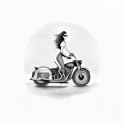 slender young woman with extremely elongated legs riding a vintage indian motorcycle from 2000 tattoo design idea