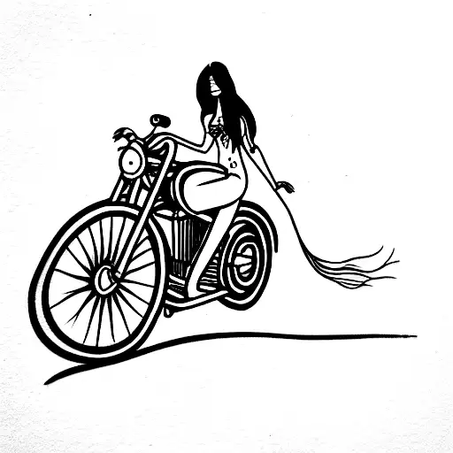 Fine line tattoo of tradional indian motorcycle with tall skinny girl with long hair and long legs riding tattoo design idea