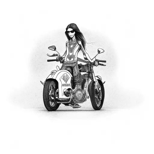 Fine line tattoo of tradional indian motorcycle with tall skinny girl with long hair and long legs riding tattoo design idea