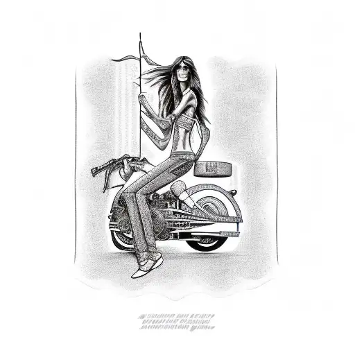 Fine line tattoo of tradional indian motorcycle with tall skinny girl with long hair and long legs riding tattoo design idea