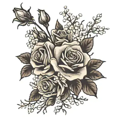 baby's-breath and roses bouquet on the rise side of my back tattoo design idea