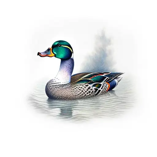 mallard duck in a lake by woods tattoo design idea