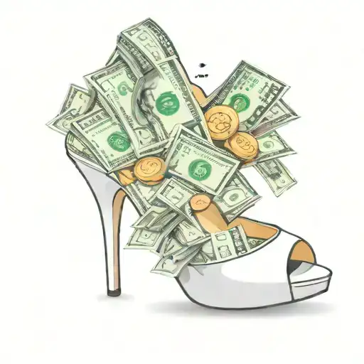 one open toe high heel shoe representing a hustler with 5 hundred dollars bills and bitcoin coming out the top tattoo design idea