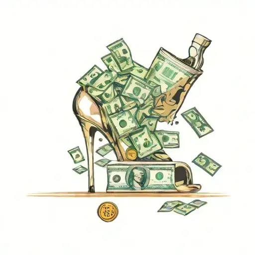 one open toe high heel shoe representing a hustler with money and bitcoin coming out the top tattoo design idea