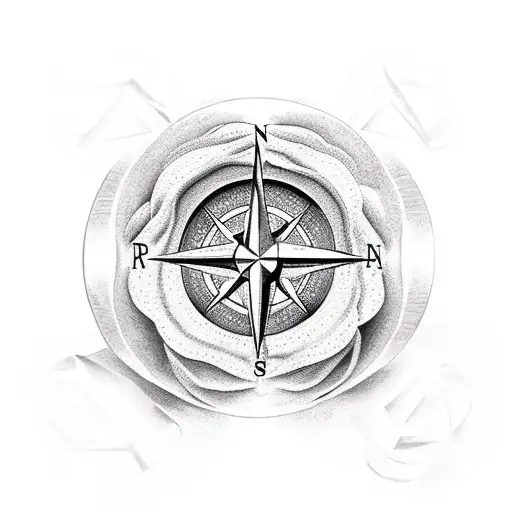 A rock formation with a compass rose carved into it, surrounded by calla lilies and a rose des vents tattoo design idea